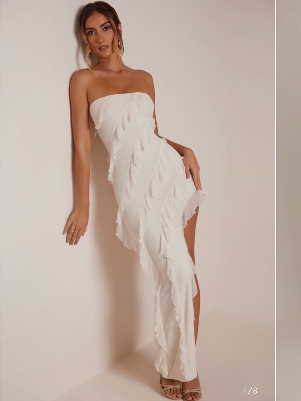 Oh Polly Nevalli Cream Ruffle Maxi Dress High Thigh Slit Size US 6
